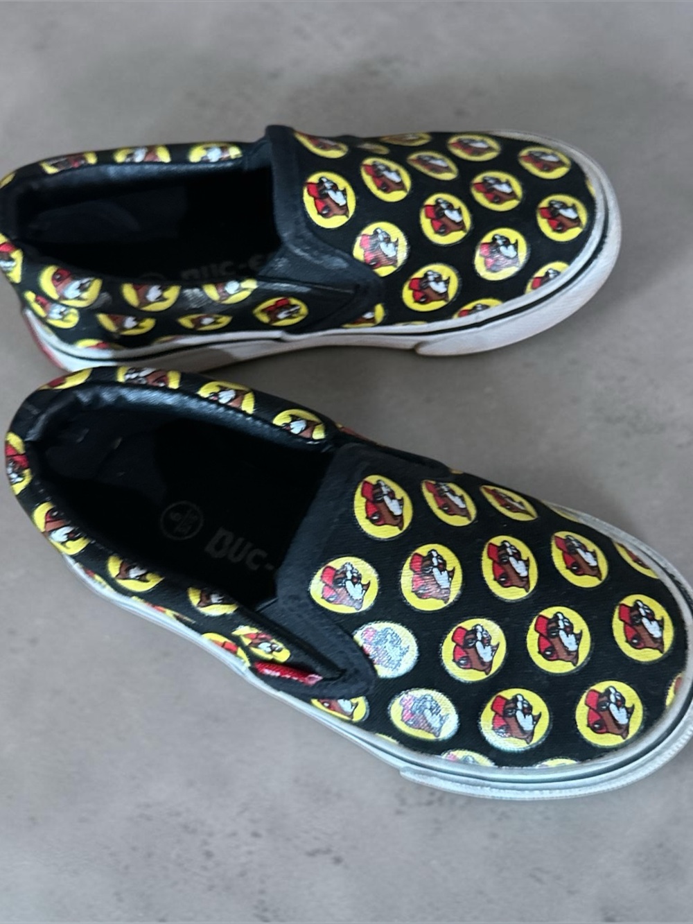Kids Black Slip-On size 9 Shoes with Buc-ee’s chipmunk Pattern throughout